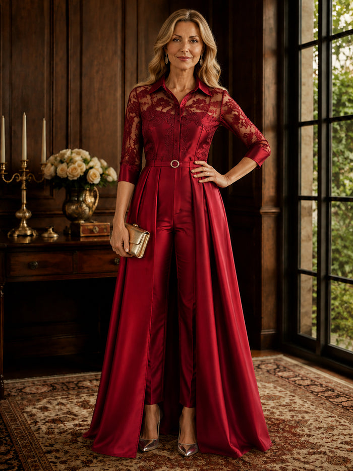 Satin Pantsuit Stand Collar Mother of the Bride Pantsuits with Lace Applique
