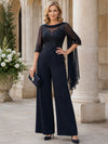 Chiffon Pantsuit Crew Neck Mother of the Bride Pantsuits with Lace Applique