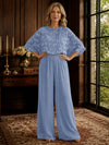 Chiffon Pantsuit Crew Neck Mother of the Bride Pantsuits with 3D Flowers