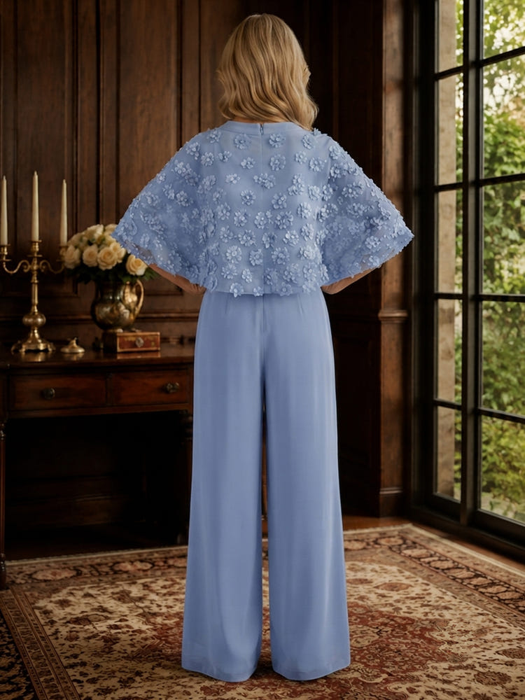 Chiffon Pantsuit Crew Neck Mother of the Bride Pantsuits with 3D Flowers