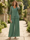 Chiffon Pantsuit Crew Neck Mother of the Bride Pantsuits with Jacket