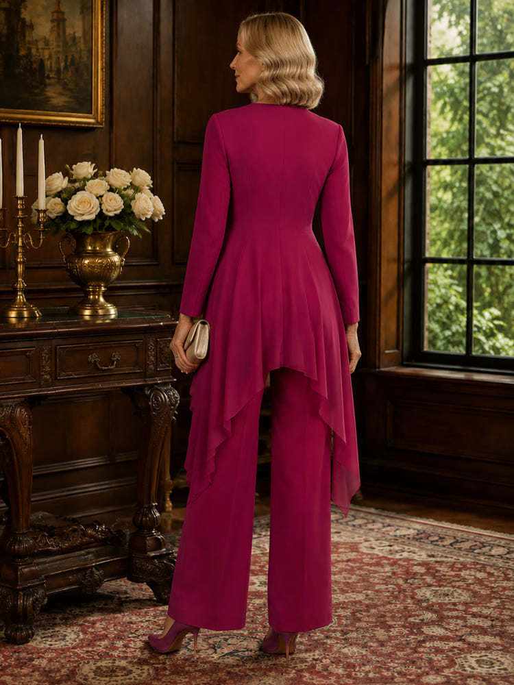 Chiffon Pantsuit Crew Neck Mother of the Bride Pantsuits with Jacket