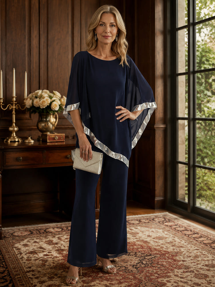 Chiffon Pantsuit Crew Neck Mother of the Bride Pantsuits with Caps
