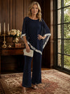 Chiffon Pantsuit Crew Neck Mother of the Bride Pantsuits with Caps