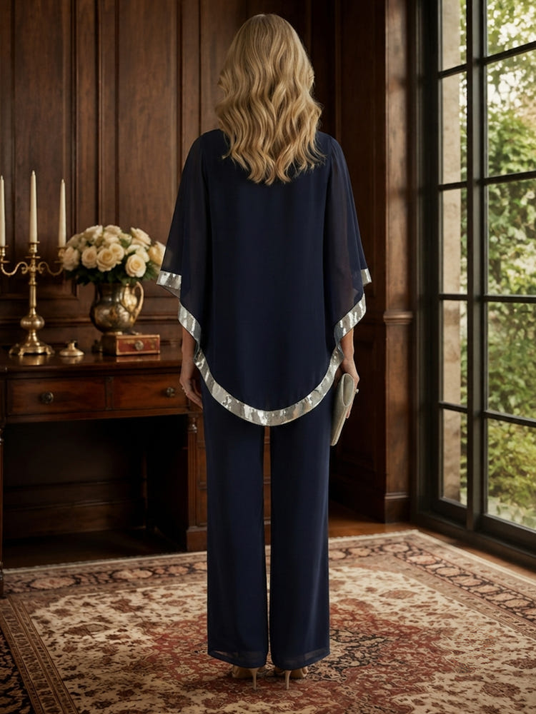 Chiffon Pantsuit Crew Neck Mother of the Bride Pantsuits with Caps