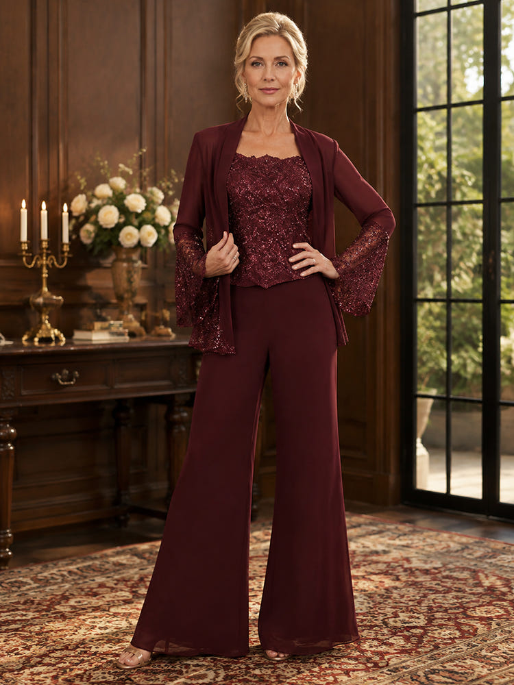 Chiffon Pantsuit Crew Neck Mother of the Bride Pantsuits with Jacket
