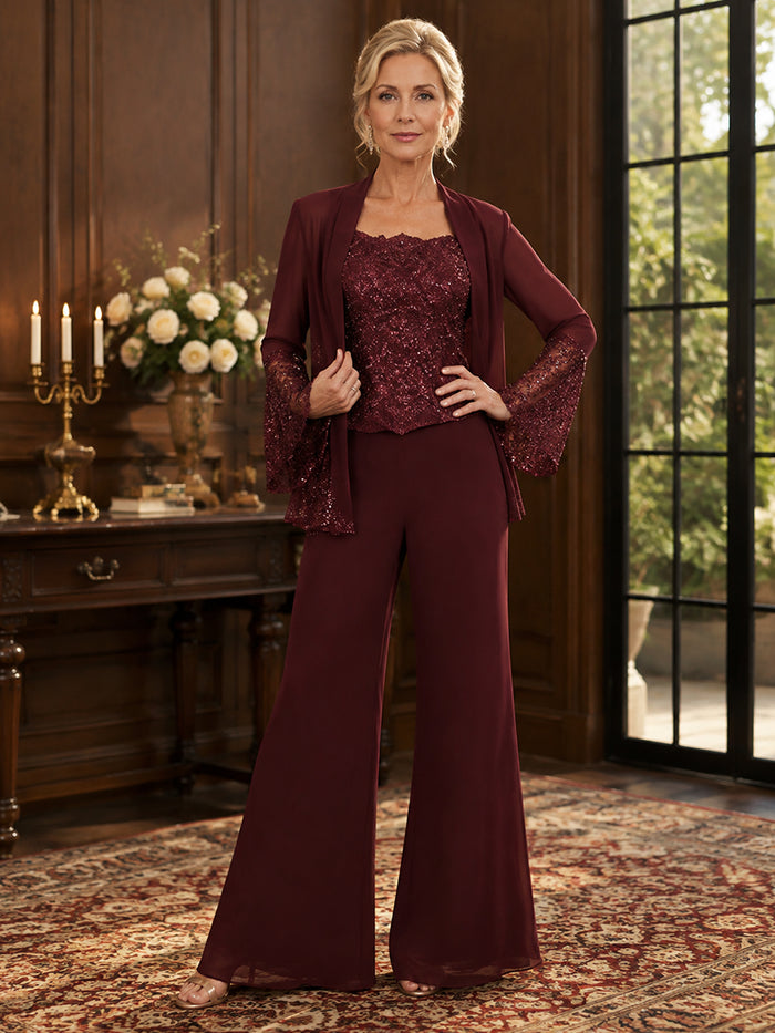 Chiffon Pantsuit Crew Neck Mother of the Bride Pantsuits with Jacket
