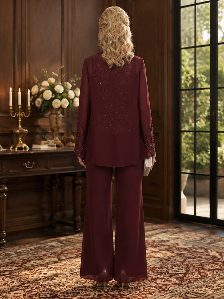 Chiffon Pantsuit Crew Neck Mother of the Bride Pantsuits with Jacket