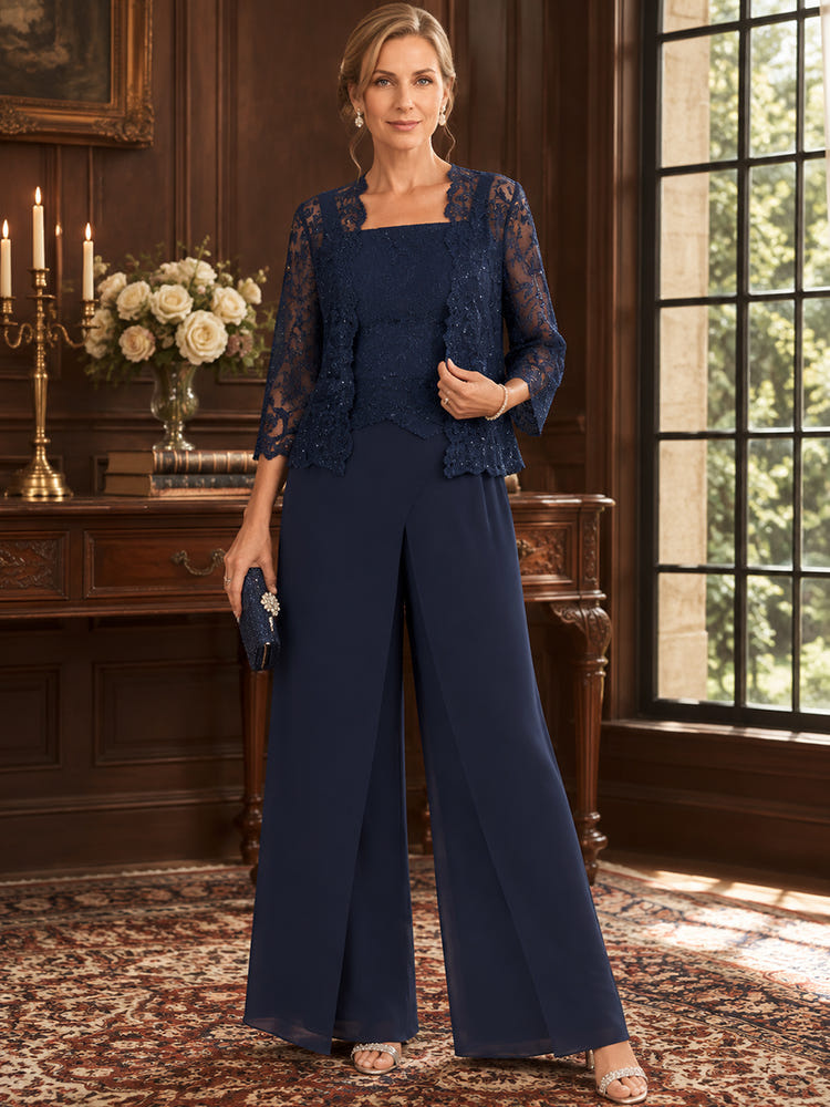 Chiffon Pantsuit Spaghetti Straps Mother of the Bride Pantsuits with Jacket