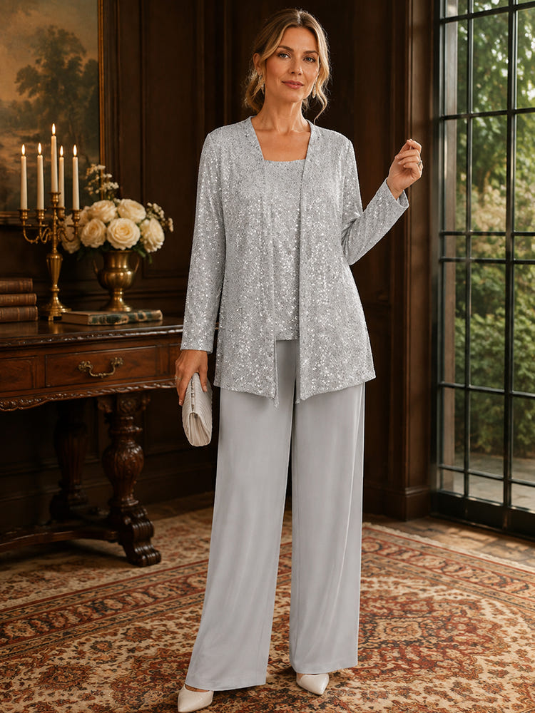 Chiffon Pantsuit Crew Neck Mother of the Bride Pantsuits with Jacket