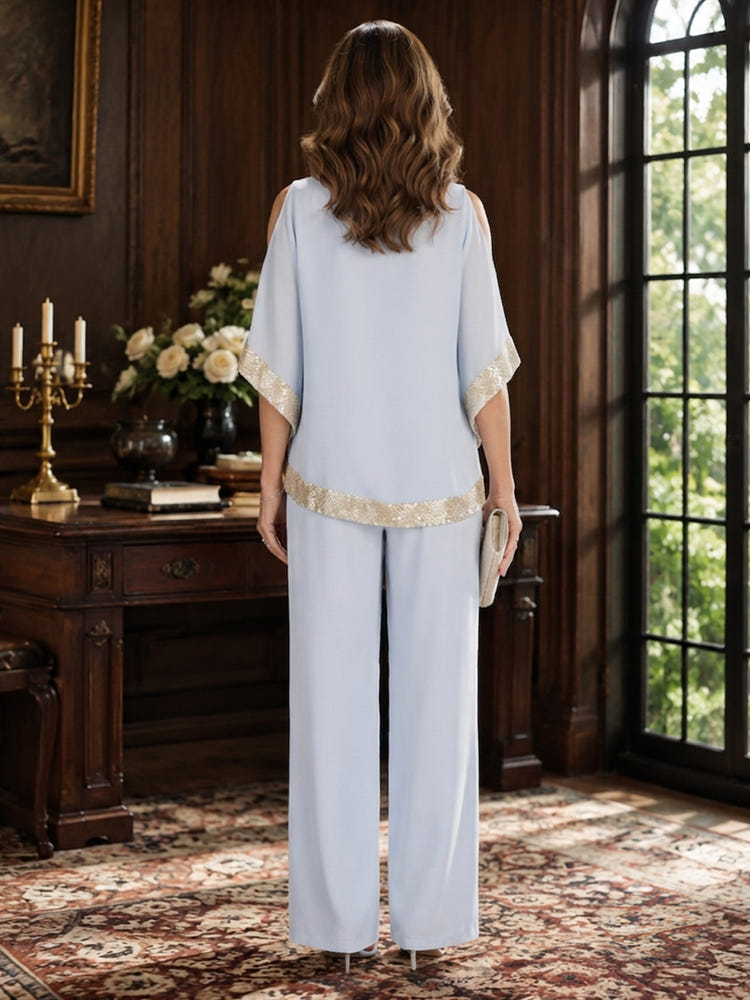 Chiffon Pantsuit Crew Neck Mother of the Bride Pantsuits with Caps
