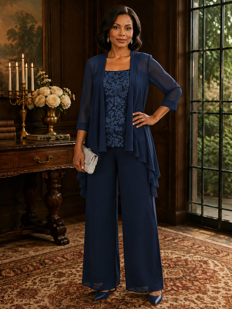 Chiffon Pantsuit Spaghetti Straps Mother of the Bride Pantsuits with Jacket