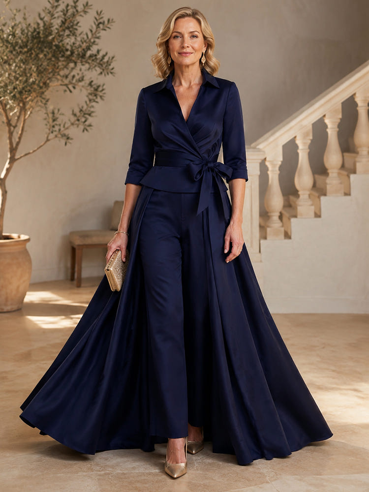 Satin Pantsuit Crew Neck Mother of the Bride Pantsuits with Wraps