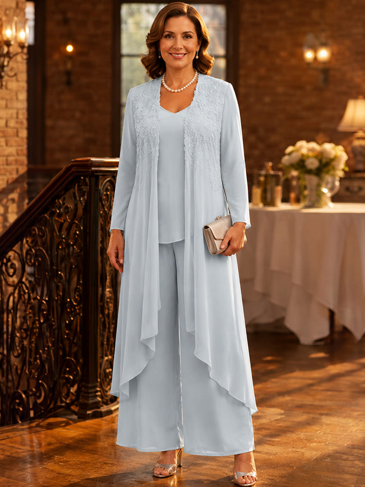 Chiffon Pantsuit V Neck Mother of the Bride Pantsuits with Jacket