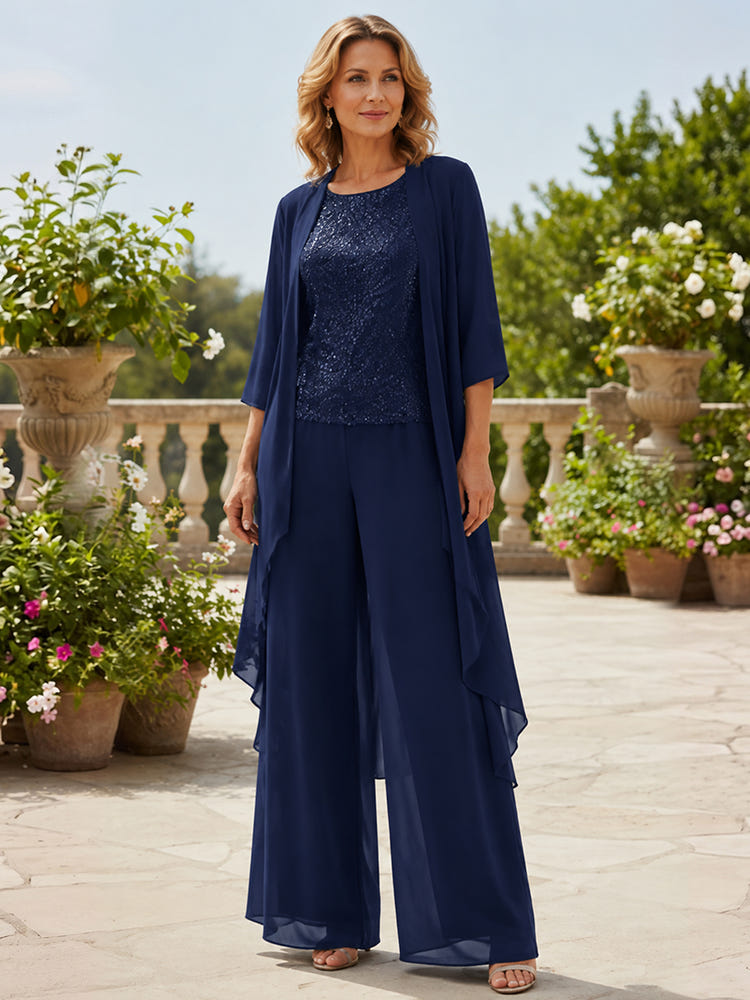 Chiffon Pantsuit Crew Neck Mother of the Bride Pantsuits with Jacket