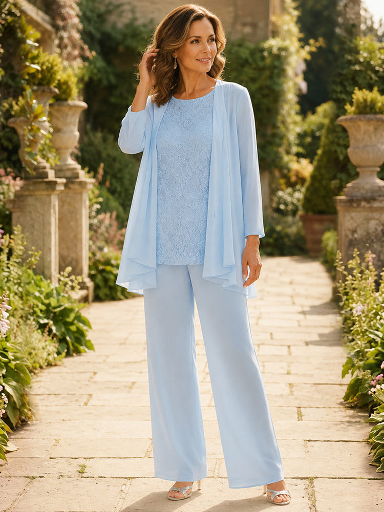Chiffon Pantsuit Crew Neck Mother of the Bride Pantsuits with Jacket