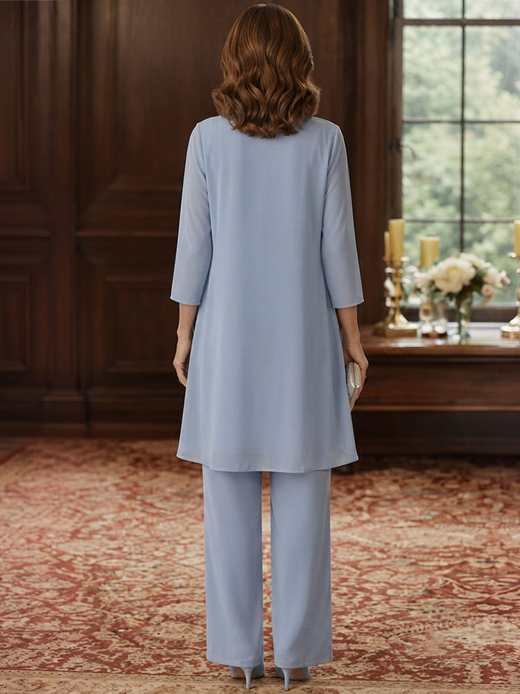 Chiffon Pantsuit Crew Neck Mother of the Bride Pantsuits with Jacket