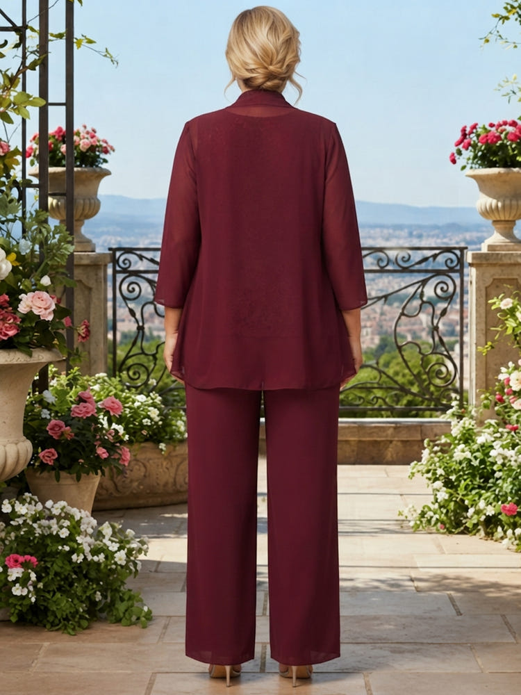 Chiffon Pantsuit Crew Neck Mother of the Bride Pantsuits with Jacket