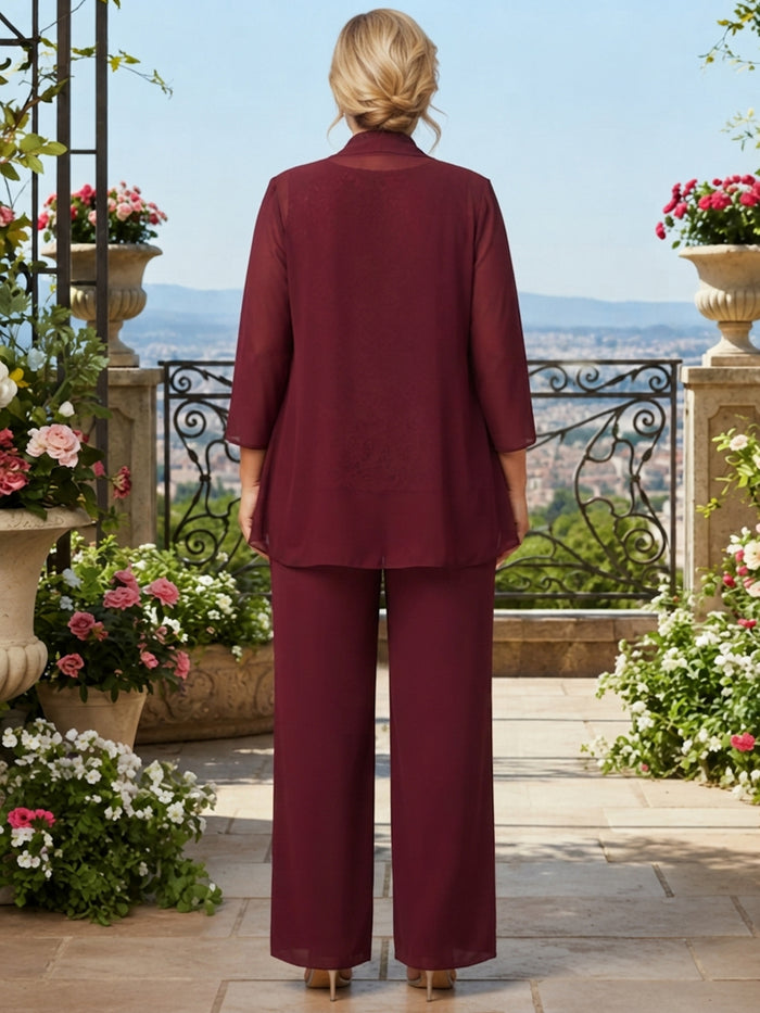 Chiffon Pantsuit Crew Neck Mother of the Bride Pantsuits with Jacket