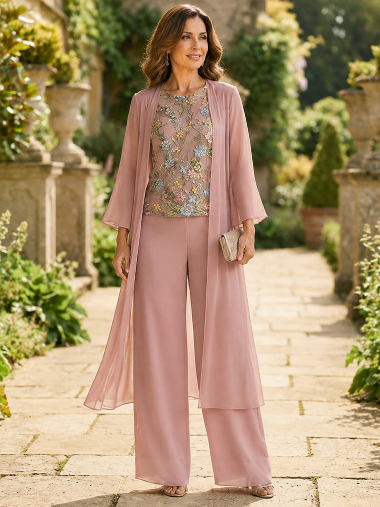 Chiffon Pantsuit Crew Neck Mother of the Bride Pantsuits with Jacket