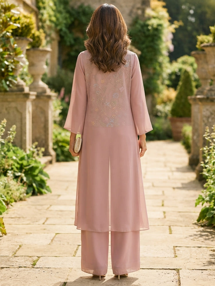 Chiffon Pantsuit Crew Neck Mother of the Bride Pantsuits with Jacket