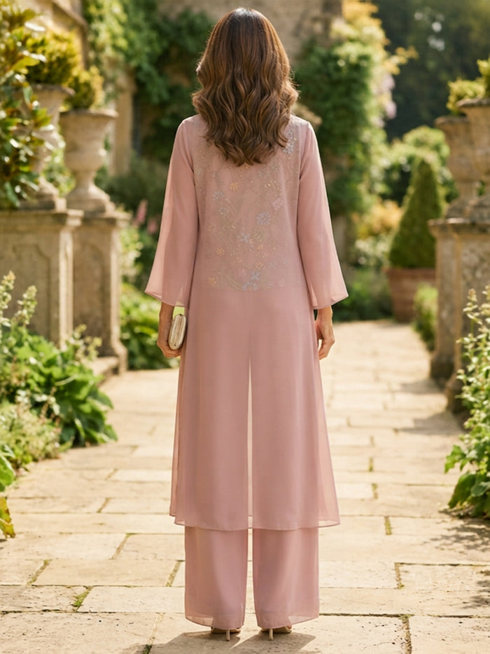 Chiffon Pantsuit Crew Neck Mother of the Bride Pantsuits with Jacket
