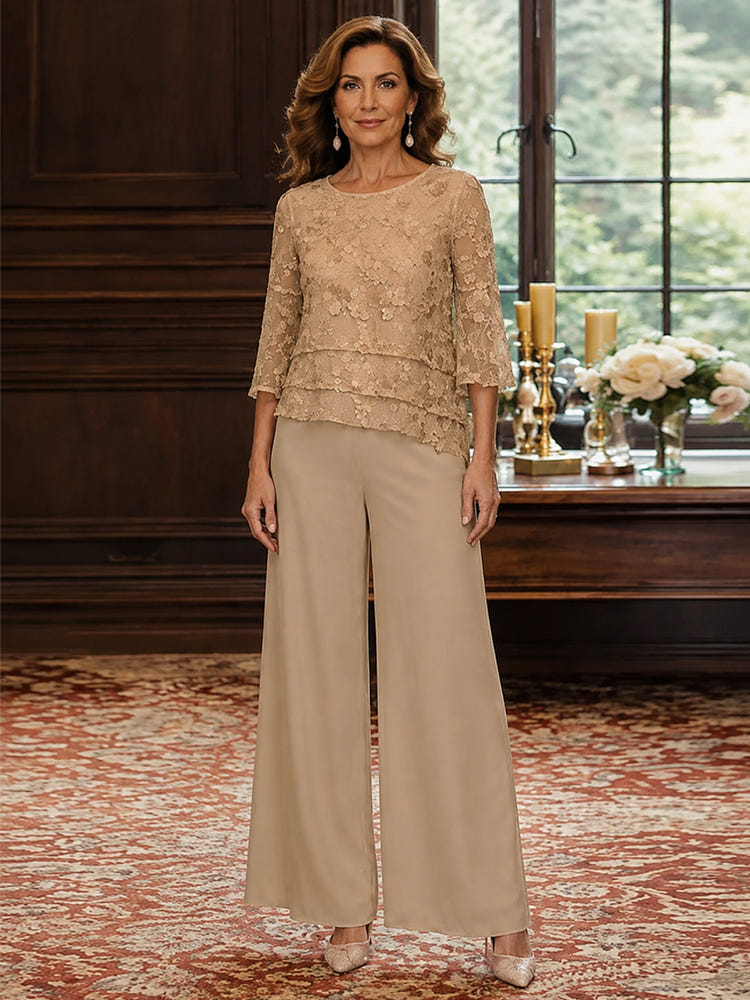 Chiffon Pantsuit Crew Neck Mother of the Bride Pantsuits with Jacket