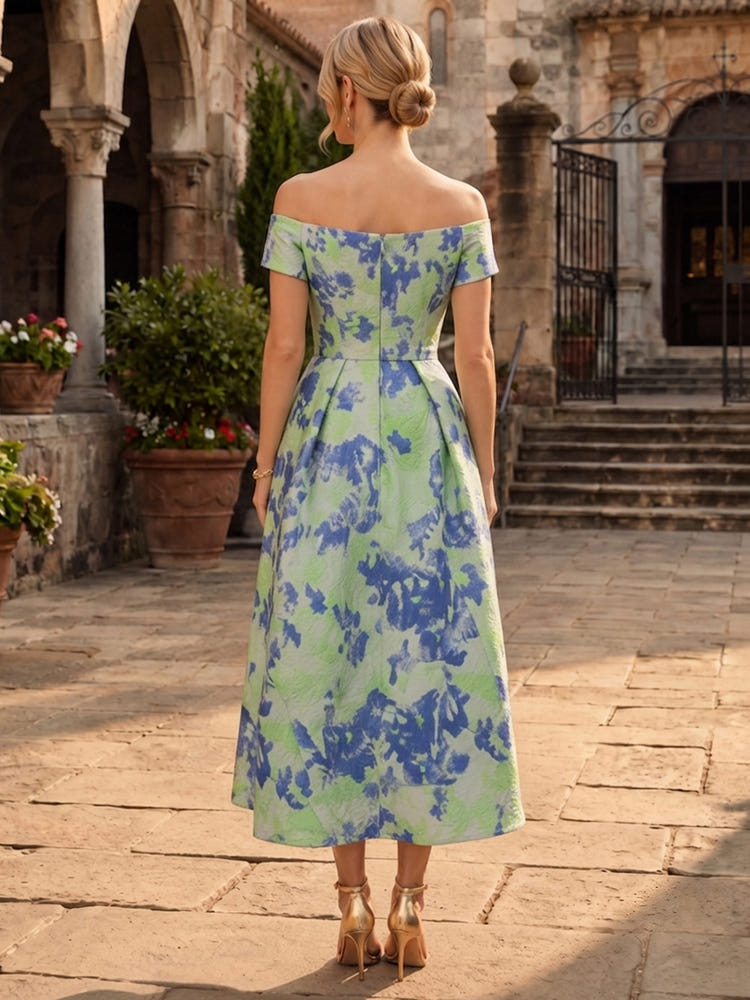 Jacquard A-Line Off Shoulder Mother of the Bride Dresses with Front Twisted Pleated Waist Design