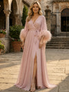 Chiffon A-Line Off Shoulder Mother of the Bride Dresses with Detachable Self-Tie Waist Belt