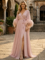 Chiffon A-Line Off Shoulder Mother of the Bride Dresses with Detachable Self-Tie Waist Belt