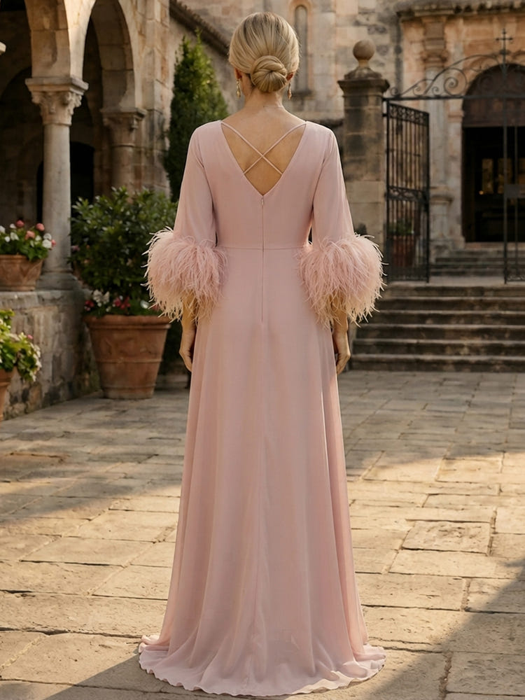 Chiffon A-Line Off Shoulder Mother of the Bride Dresses with Detachable Self-Tie Waist Belt