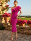 Jersey Sheath One Shoulder Mother of the Bride Dresses with Statement 3D Flower & Feather Embellishment