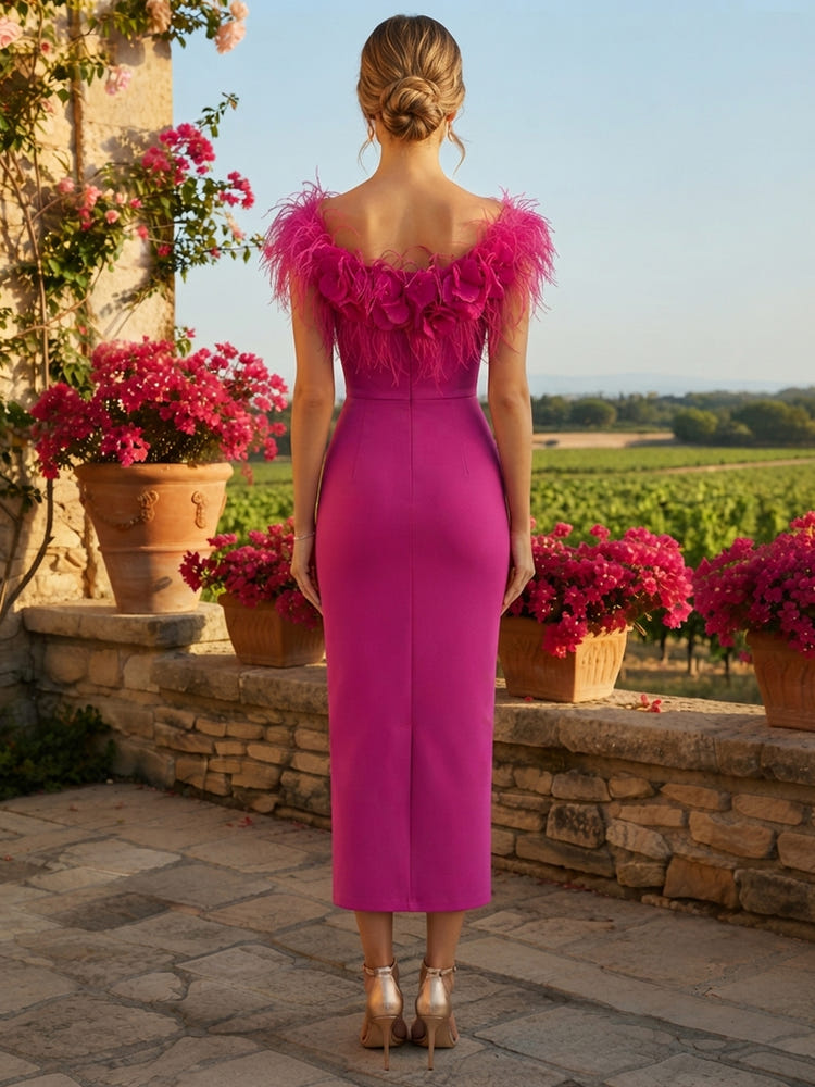 Jersey Sheath Crew Neck Mother of the Bride Dresses with Statement 3D Flower & Feather Embellishment