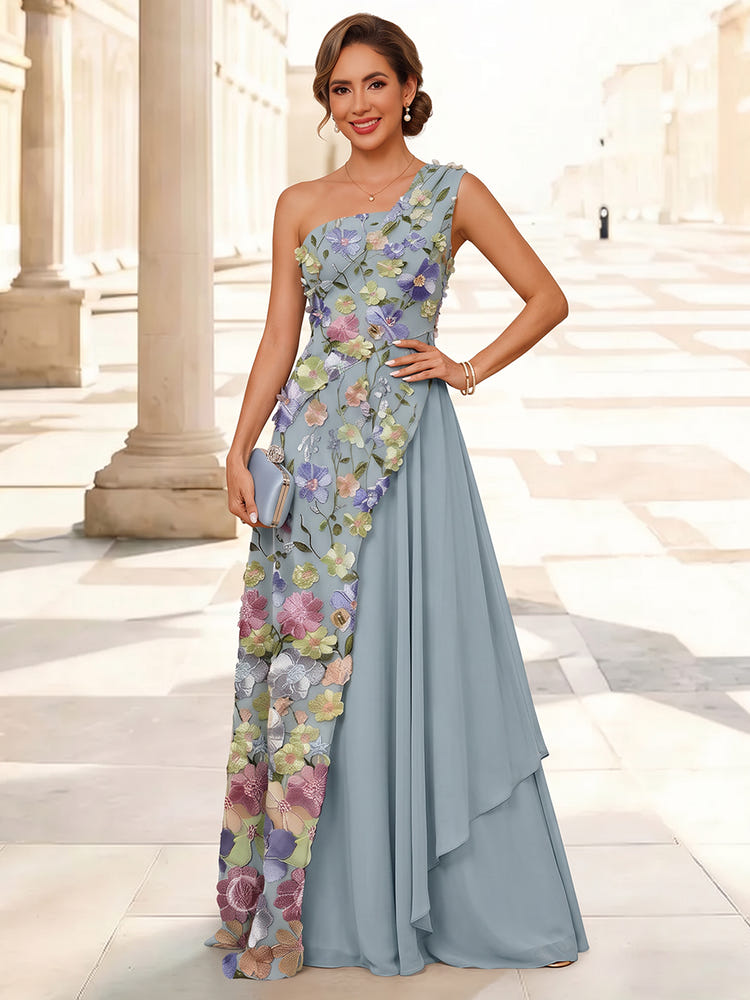 Chiffon A-Line One Shoulder Maxi Mother of the Bride Dresses with 3D Flower Appliques