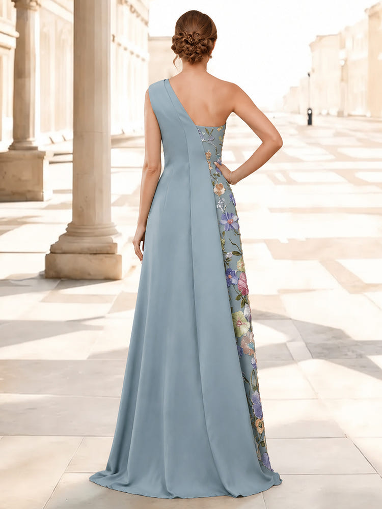 Chiffon A-Line One Shoulder Maxi Mother of the Bride Dresses with 3D Flower Appliques