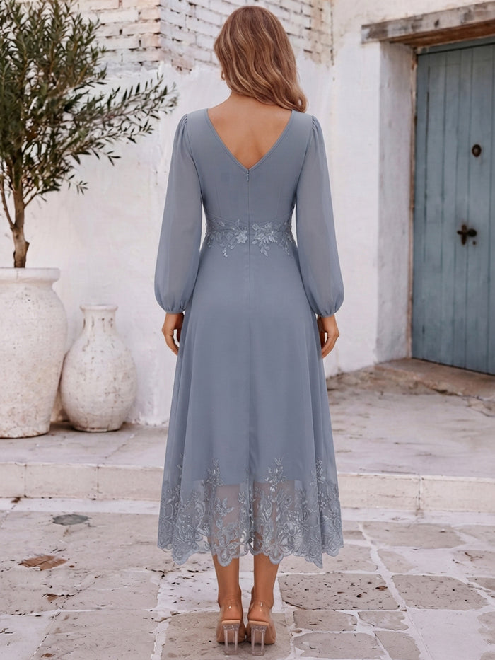 Chiffon A-Line V Neck Midi Mother of the Bride Dresses with Delicate Floral Lace Trim