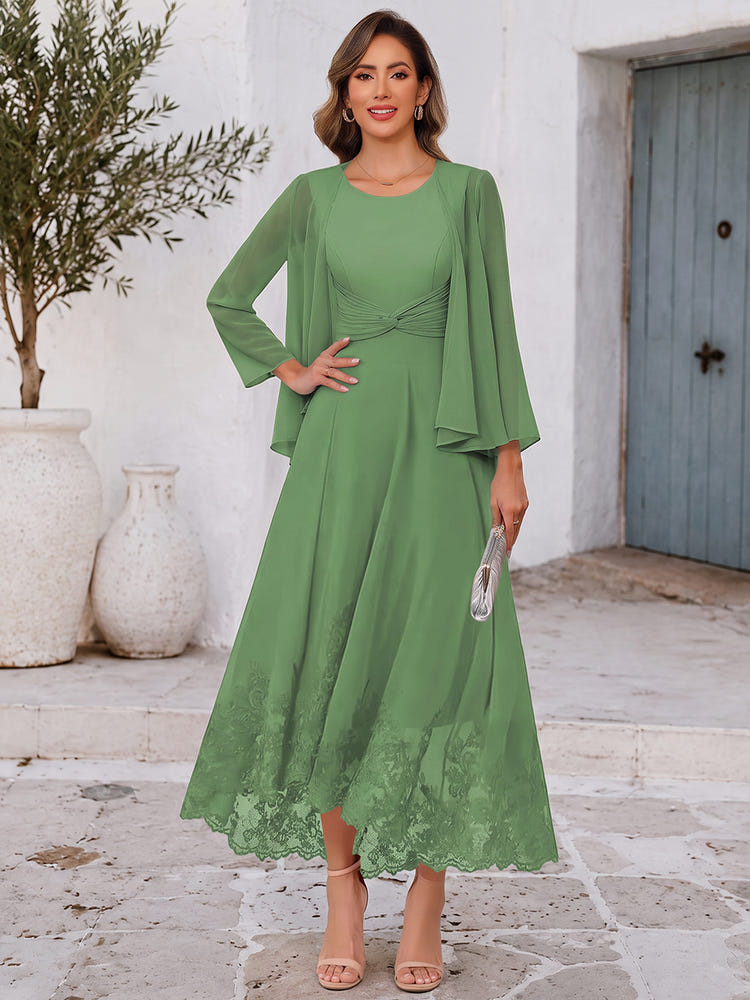 Chiffon A-Line U-Neck Midi Mother of the Bride Dresses with Delicate Floral Lace Trim
