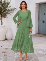 Chiffon A-Line U-Neck Midi Mother of the Bride Dresses with Delicate Floral Lace Trim