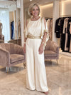 Satin Pantsuit U-Neck Maxi Mother of the Bride Pantsuits with Cold‑Shoulder Cape Sleeve Design