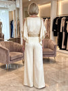 Satin Pantsuit U-Neck Maxi Mother of the Bride Pantsuits with Cold‑Shoulder Cape Sleeve Design