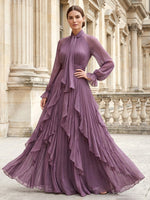 Chiffon A-Line High Tie‑Neck Bow Collar Maxi Mother of the Bride Dresses with Multi‑Layer Ruffled
