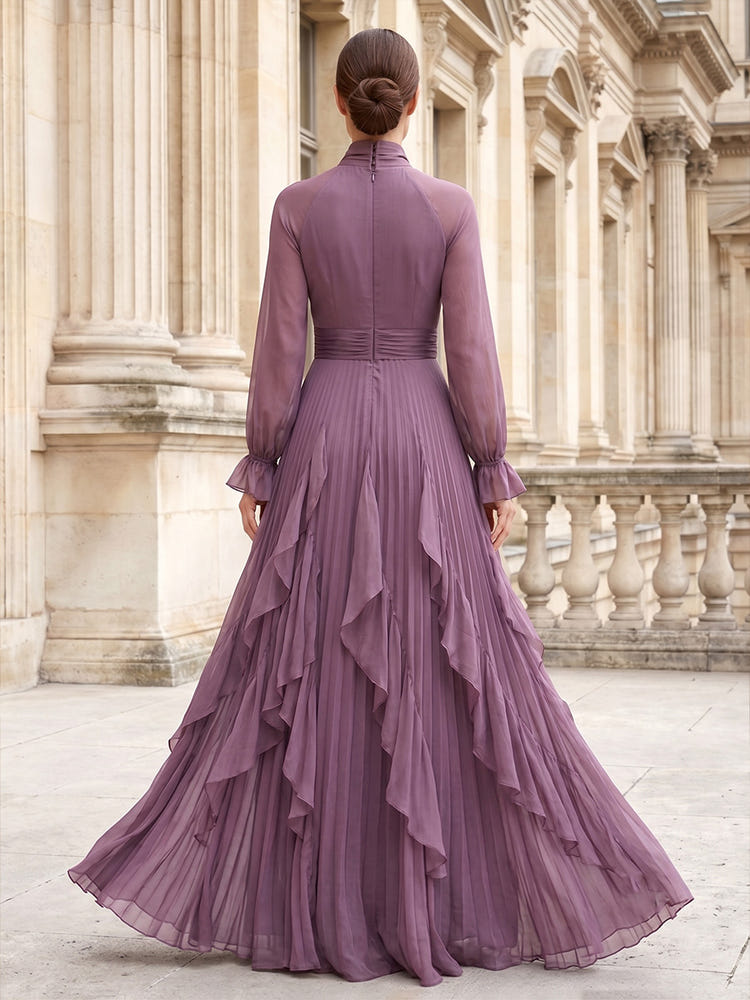 Chiffon A-Line High Tie‑Neck Bow Collar Maxi Mother of the Bride Dresses with Multi‑Layer Ruffled