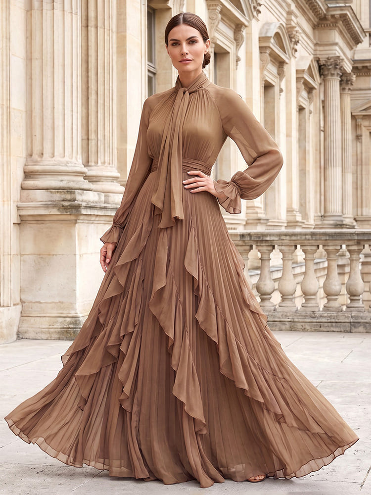 Chiffon A-Line High Tie‑Neck Bow Collar Maxi Mother of the Bride Dresses with Multi‑Layer Ruffled