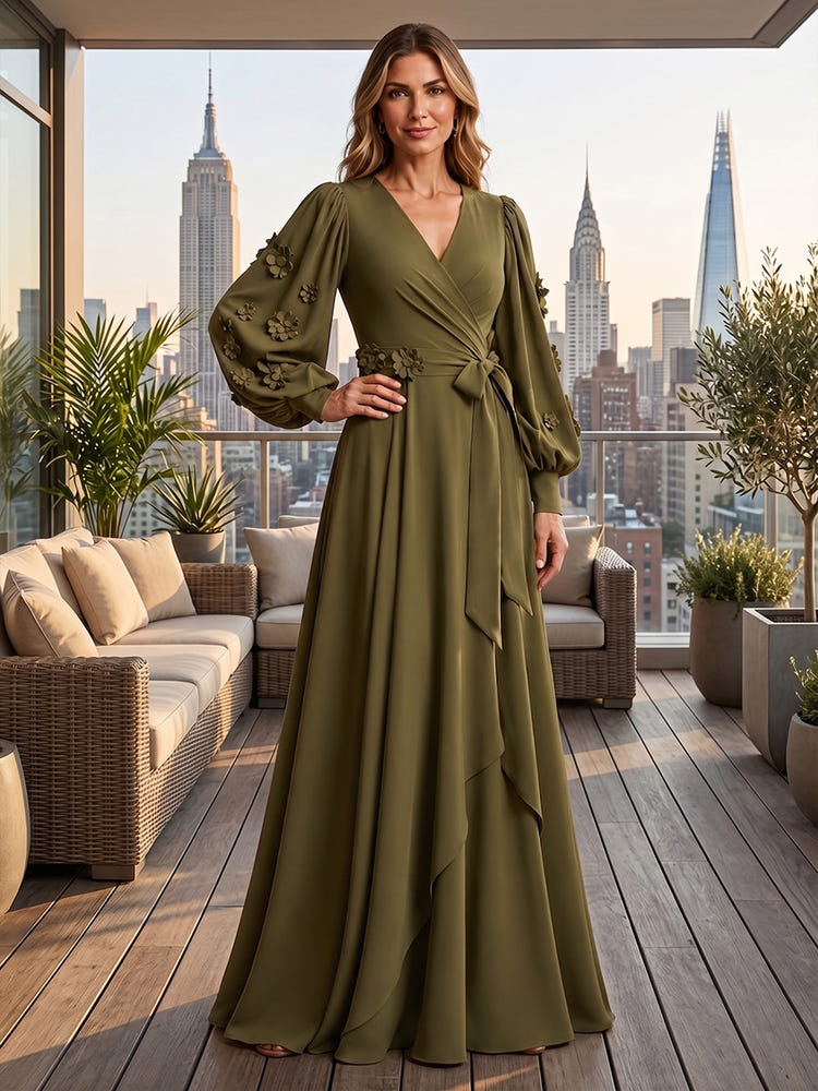 Jersey A-Line V Neck Maxi Mother of the Bride Dresses with 3D Flowers