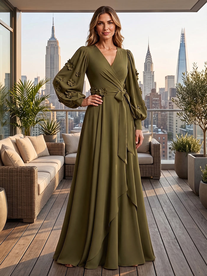 Jersey A-Line V Neck Maxi Mother of the Bride Dresses with 3D Flowers