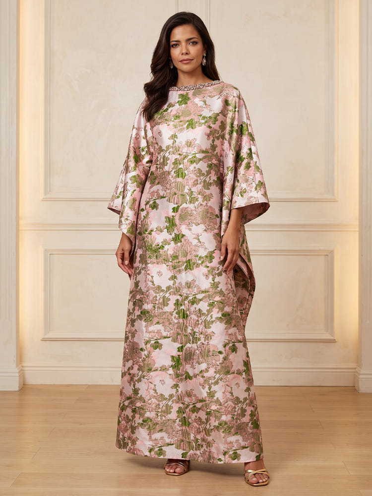 Jacquard A-Line Boat Neck Maxi Mother of the Bride Dresses with Rhinestone