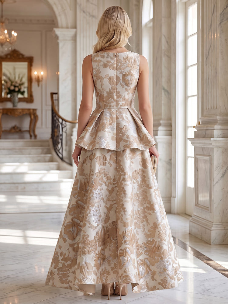 Jacquard A-Line Boat Neck Maxi Mother of the Bride Dresses with Tiered Ruffle