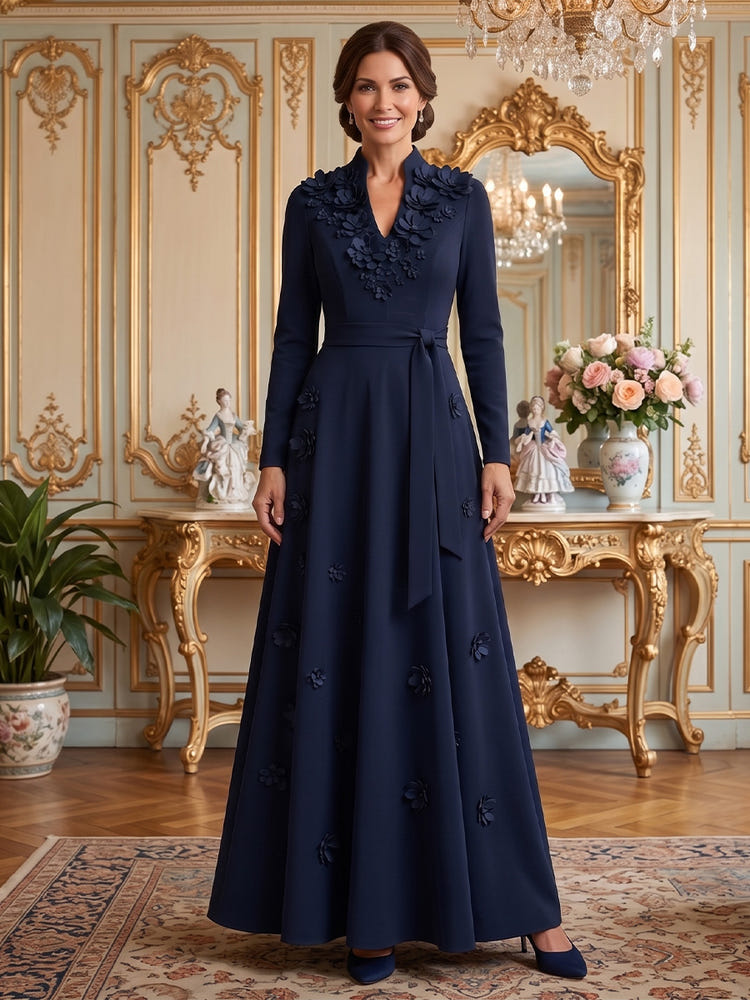 Jersey A-Line Stand Collar Maxi Mother of the Bride Dresses with 3D Flowers