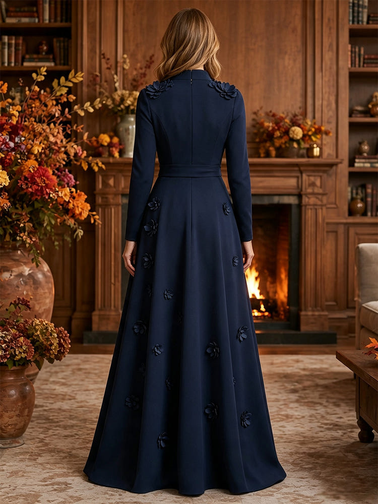 Jersey A-Line Stand Collar Maxi Mother of the Bride Dresses with 3D Flowers