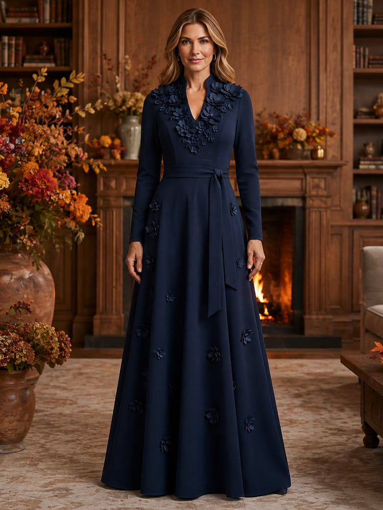 Jersey A-Line Stand Collar Maxi Mother of the Bride Dresses with 3D Flowers